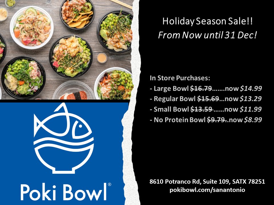 pokisanantonio's tweet photo. Trying to eat healthier while shopping?  Enjoy our discounted prices through 31 Dec!  Order online for pickup (https://t.co/uyzkDjKxdF) and enjoy a bowl today!  🐟💙

#pokibowl #simpleyetdelicious #poke #seafood  #foodies #restaurant #asianfusion #pickup #sanantonio #musubi https://t.co/DzrFfAjR9c