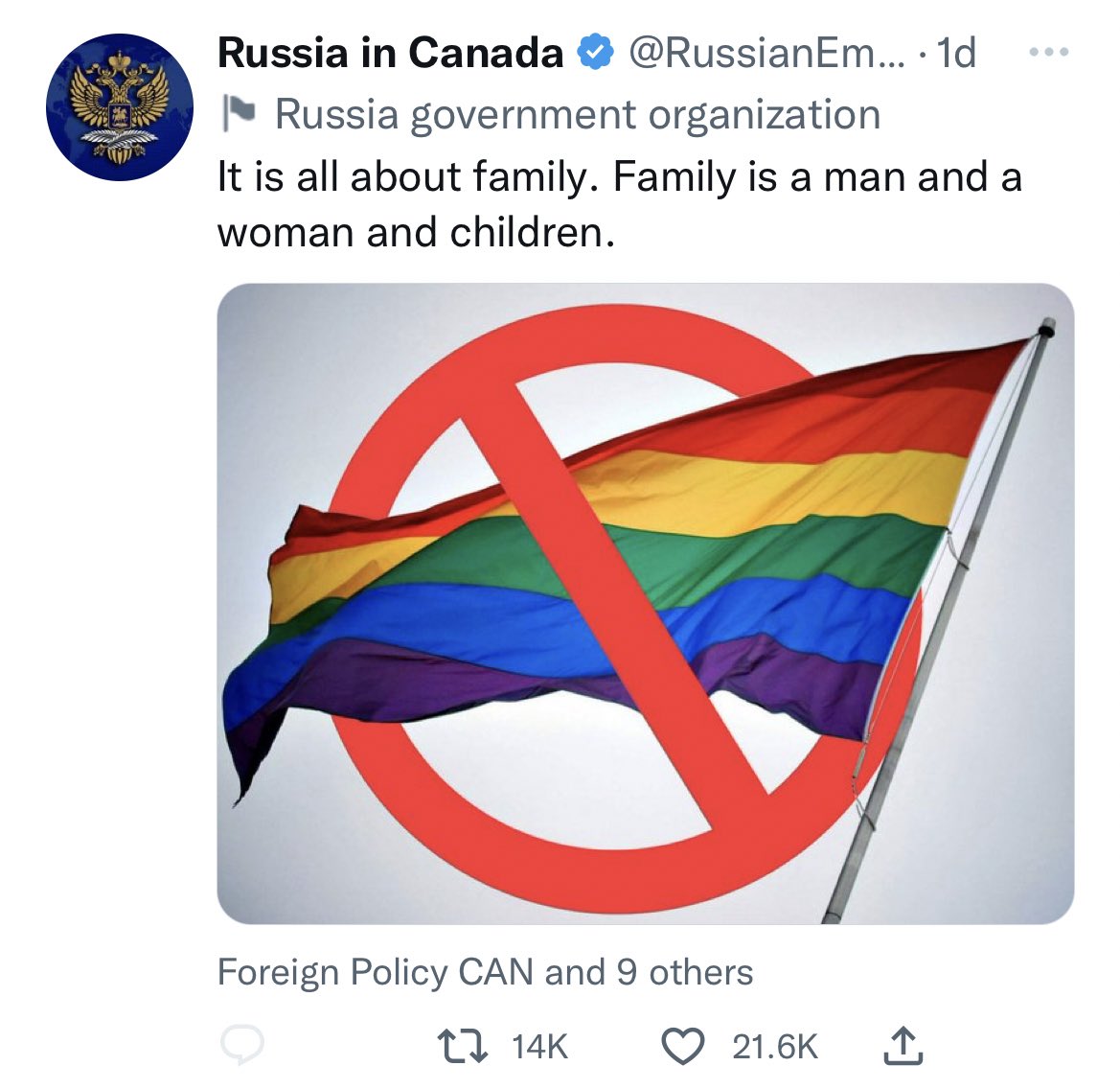 GermanyInCanada's tweet photo. The Russian Embassy in Canada decided to tweet this days after another deadly assault on queer people. And while it’s a painful statement, it does show the reality of violence inflicted on 2SLGBTIQ+ people all over the world, not only by individuals but by governments. https://t.co/oKFlmuP9tY
