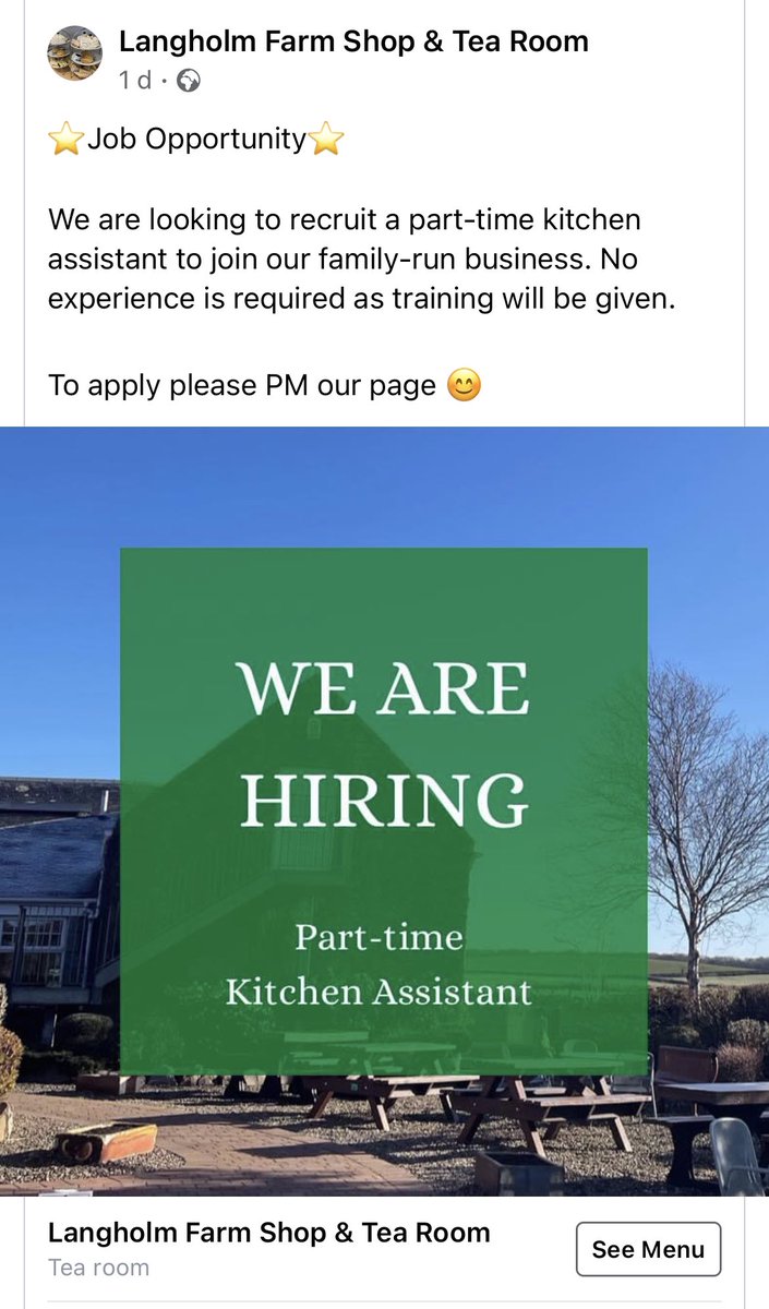 MarrCol_Careers's tweet photo. ⭐️Job Opportunity⭐️
Langholm Farm Shop and Tea Room are looking to recruit a part-time kitchen assistant. No experience is required as training will be given.                @DywMarr @MarrHome 

To apply PM them on Facebook 👇 https://t.co/Q4XUeLCa6r