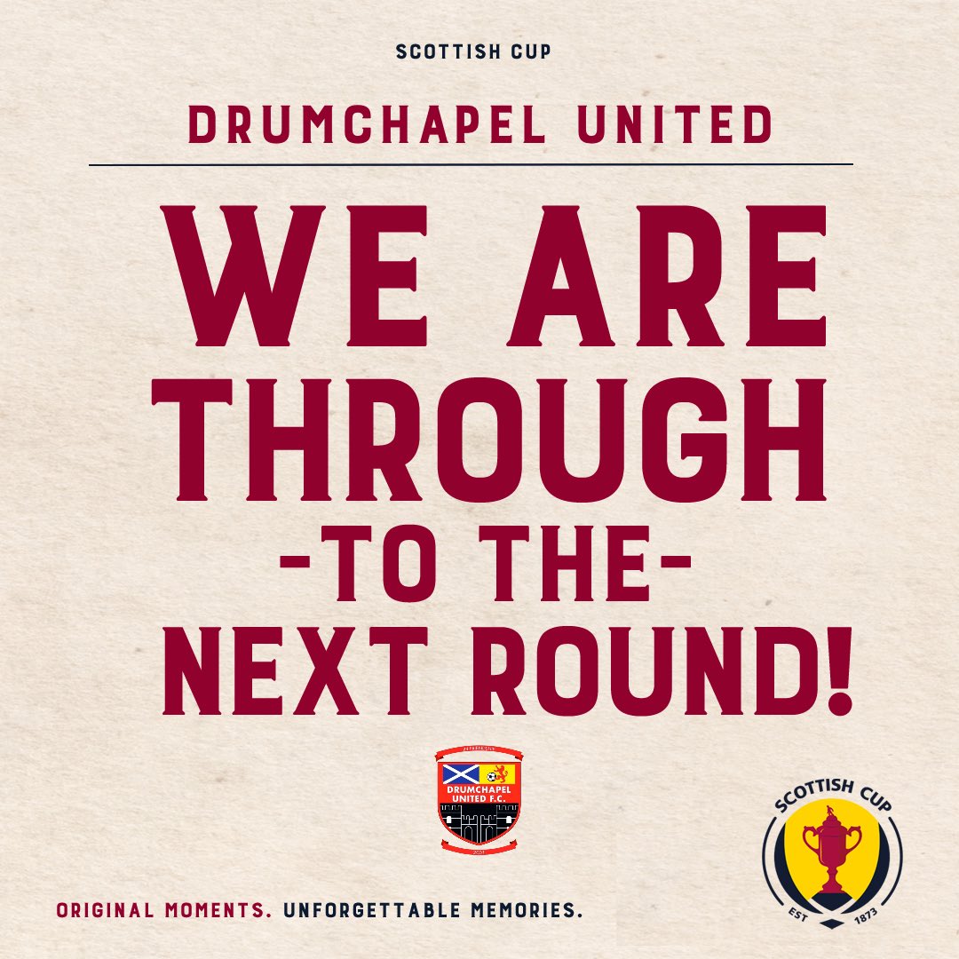 And we have it done it Drumchapel!!!

We are though to the Fourth Round of the <a href="/ScottishCup/">Scottish Gas Scottish Cup</a> 

FULL-TIME | Drumchapel United 1-0 FC Edinburgh

Superb from each and single one of the boys today | fantastic support from all the fans, the club appreciate it