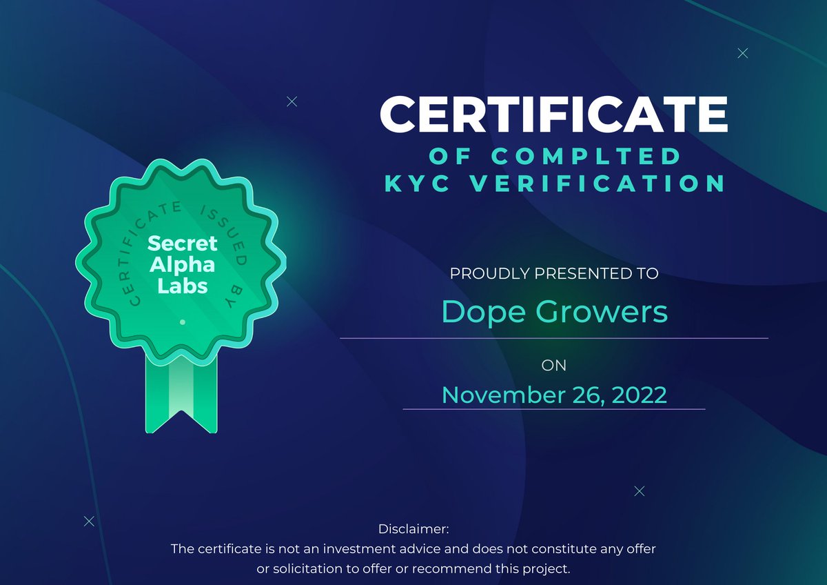 ✅ @DopeGrowersNFT has successfully completed 🛡️𝗞𝗬𝗖 𝘃𝗲𝗿𝗶𝗳𝗶𝗰𝗮𝘁𝗶𝗼𝗻!