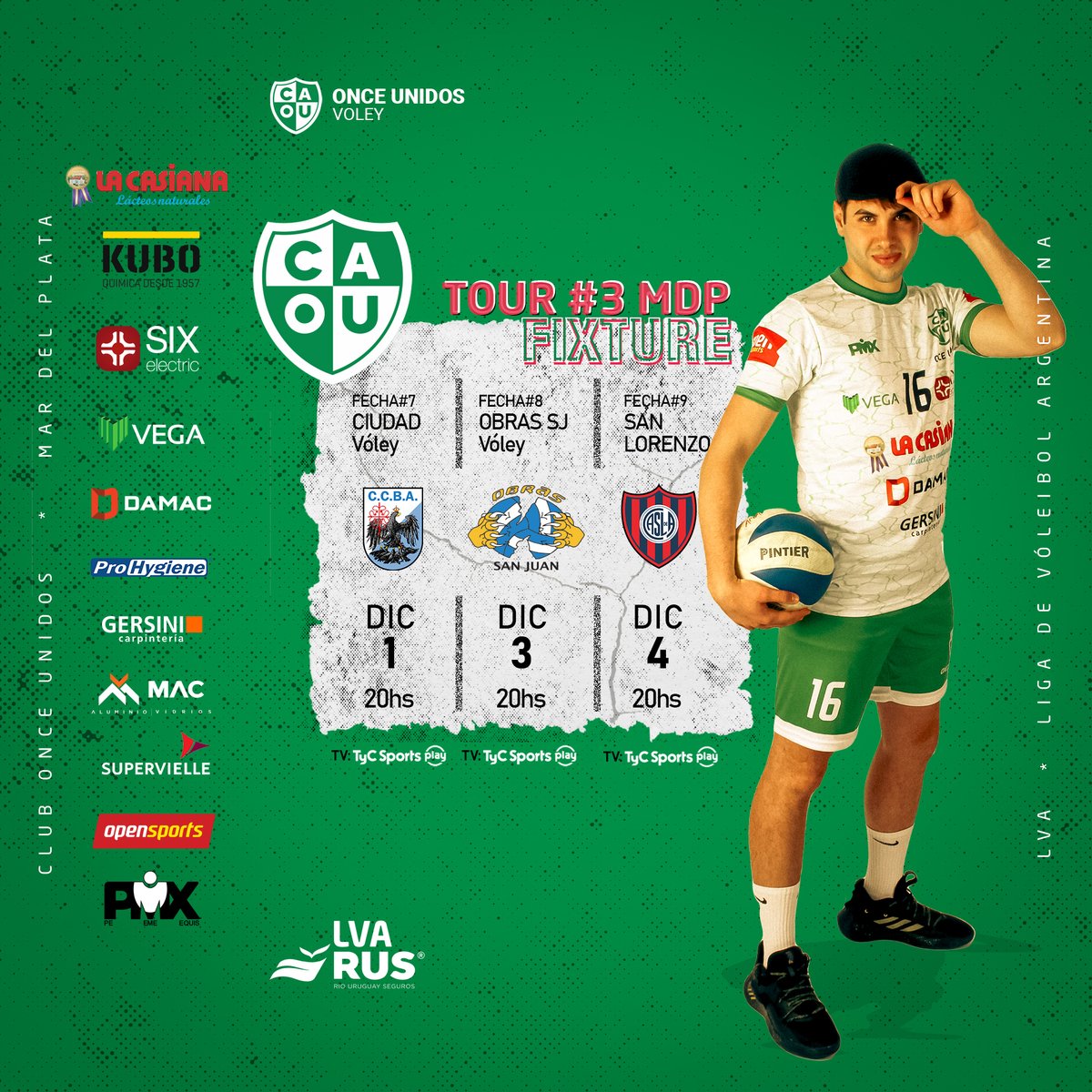 #LVARUS22-23 #FaseRegular
Fixture del Tour#3 MAR DEL PLATA que se disputará en nuestro club desde el 1º de diciembre.
.
🎟Abono anticipado $1500 (18 partidos)
📌Cada jornada en la puerta $750
.
"Valentía es ir a donde ningún hombre ha ido antes." - Tía Polly, 'Peaky Blinders'