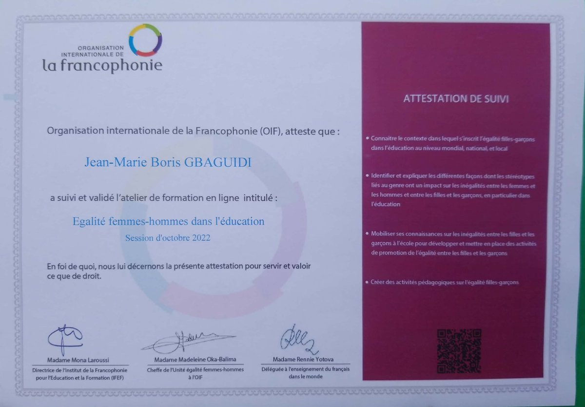 Un de plus!
Nous venons d'être certifié par l'organisation internationale de la francophonie sur l'égalité femmes-hommes dans l'éducation !
<a href="/oddtvlive/">ODD TV</a> 
<a href="/ViaMe8/">ViaMe229</a> 
<a href="/SamediUn/">Un Samedi au Village</a> 
<a href="/vnubenin/">VNU Bénin</a> 
<a href="/OIFrancophonie/">La Francophonie</a> 
<a href="/IFDD_OIF/">IFDD</a> 
@