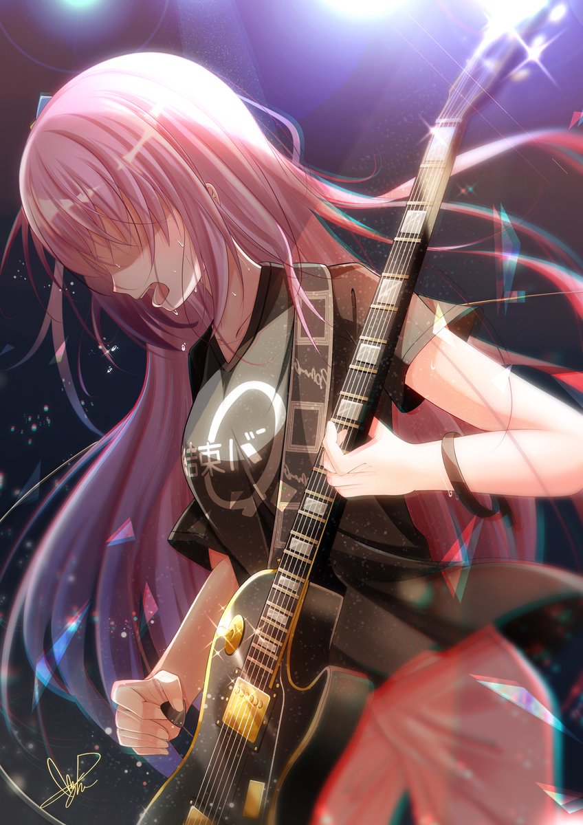 gotou hitori 1girl long hair pink hair instrument guitar solo gibson les paul  illustration images