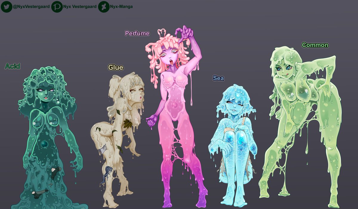 NyxVestergaard's tweet photo. I like slime characters.

From left to right we have the acidic acid slime, the super sticky glue slime, the aromatic perfume slime, the sea dwelling sea slime and a common slime. https://t.co/YlVppnliOV