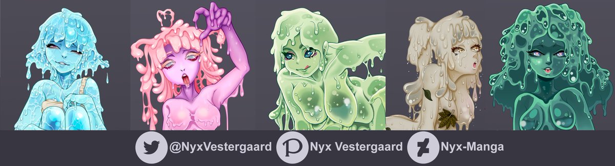 NyxVestergaard's tweet photo. I like slime characters.

From left to right we have the acidic acid slime, the super sticky glue slime, the aromatic perfume slime, the sea dwelling sea slime and a common slime. https://t.co/YlVppnliOV