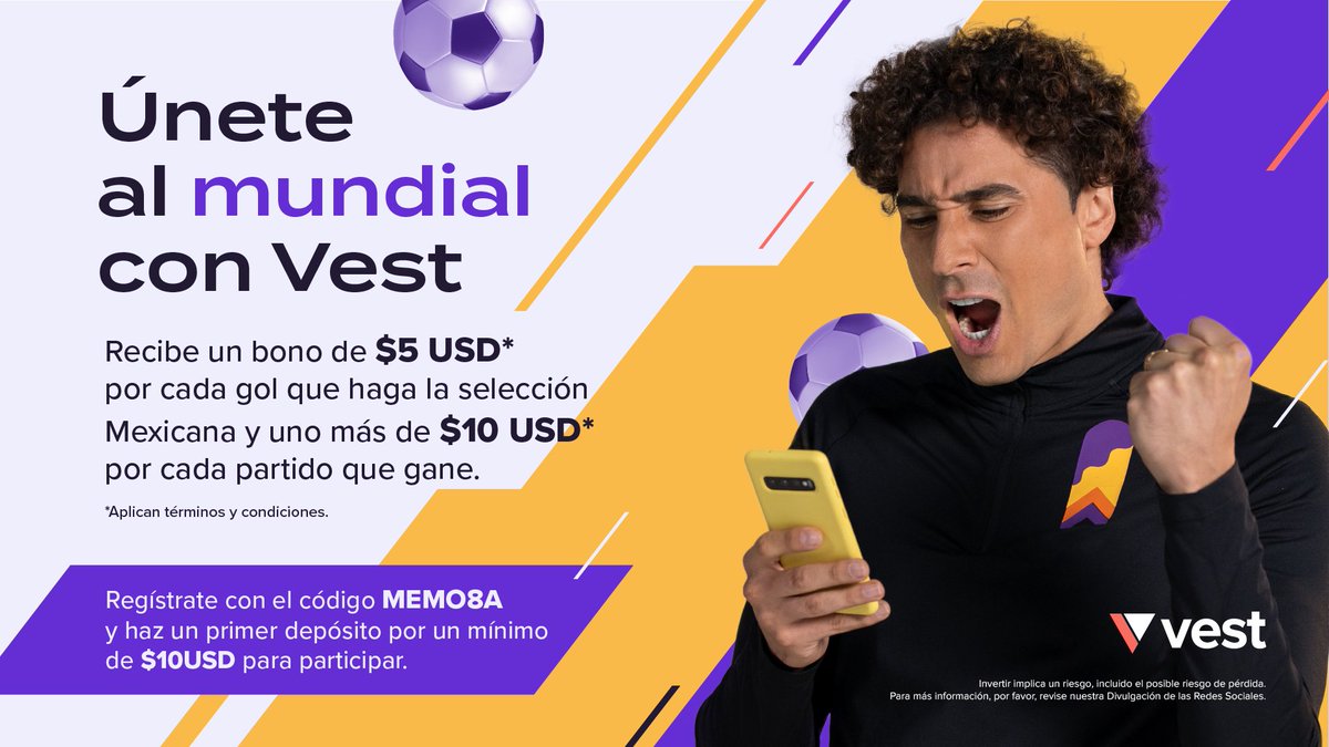 En este mundial, tu dinero vale más.
Recibe un bono de 5 USD por cada gol que haga la selección Mexicana y uno más de 10 USD por cada partido que gane. 
Regístrate con el código MEMO8A y haz un primer depósito por  mínimo 10 USD para participar.