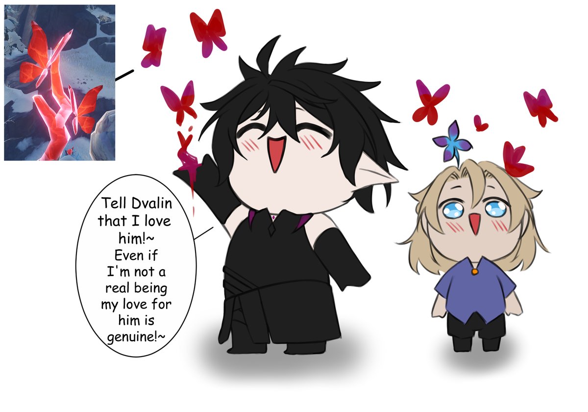 Hc//
The red butterflies on the frostbearing tree are from Durin's blood!
He uses those butterflies as a letter carrier to send reports( mostly love letters) to Dvalin since he cants go beyond the snow.
#GenshinImpact 