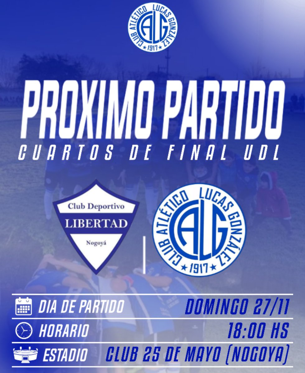 #Cuartos #TorneoClausura #UDL2022

⚽ Libertad VS Lucas
📅 Domingo 27
🕐 18:00 Hs.
🏟️ Club 25 de Mayo (Nogoya)

VAMOS LUCAS 💪🏻💙