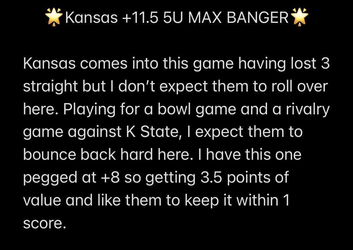 zsbangers's tweet photo. 🌟🌟🌟5U MAX BANGER🌟🌟🌟

Kansas +11.5 5U

Write-Up Below⬇️

#GambingTwitter https://t.co/xt5ZBkB3RG