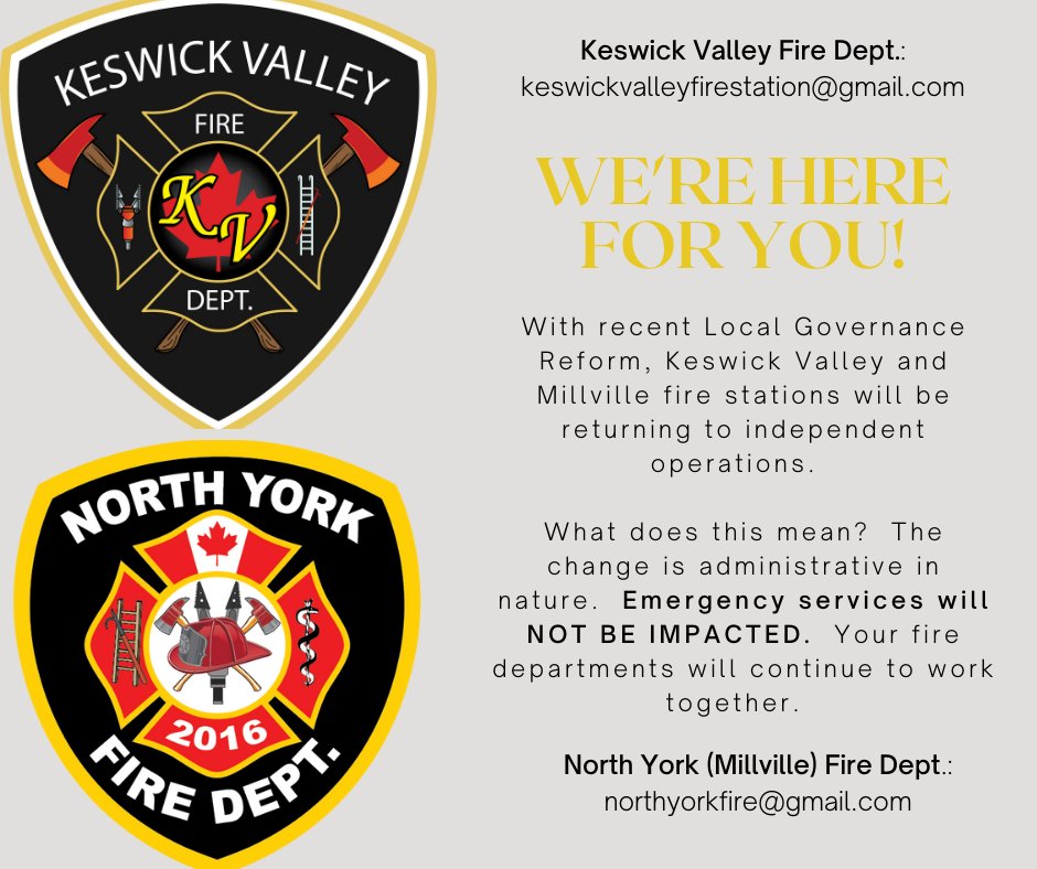 NorthYorkFire's tweet photo. We're here for you! Keswick Valley &amp; North York fire stations will be returning to independent operations though continue to work together. Emergency services will NOT BE IMPACTED. 

#KeswickValleyFire: keswickvalleyfirestation@gmail.com

#NorthYorkFire: northyorkfire@gmail.com https://t.co/QbRqOOzBFU