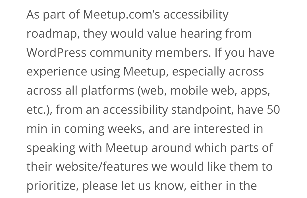aardrian's tweet photo. I am glad Meetup removed the #EqualWeb overlay. This is progress.
https://t.co/mE0DRtiEOI
However, Meetup asking for free labor is not. Meetup paid a problematic vendor, but does not place the same value on lived experience.
Keeping account canceled. https://t.co/qi96RottNG