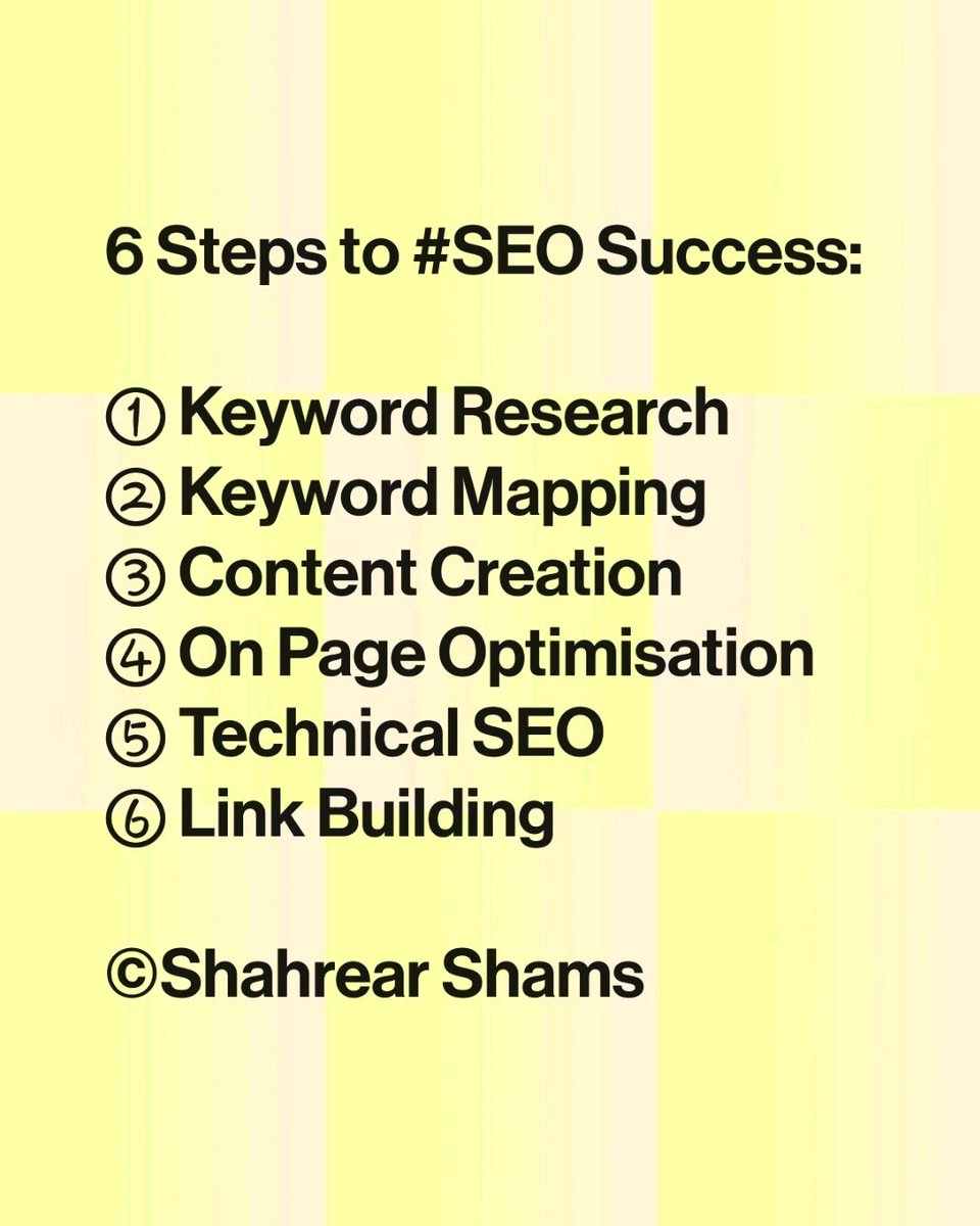 shams_shahrear's tweet photo. 6 Steps to #SEO Success! ๐๐
#seo #searchengineoptimization #keywordresearch #contentcreation #onpageoptimization #technicalseo #linkbuilding #localseoexpert #seoexpert #localseoservices #seoexpertservices #affordableseoservice https://t.co/B0eWSxo1Oa