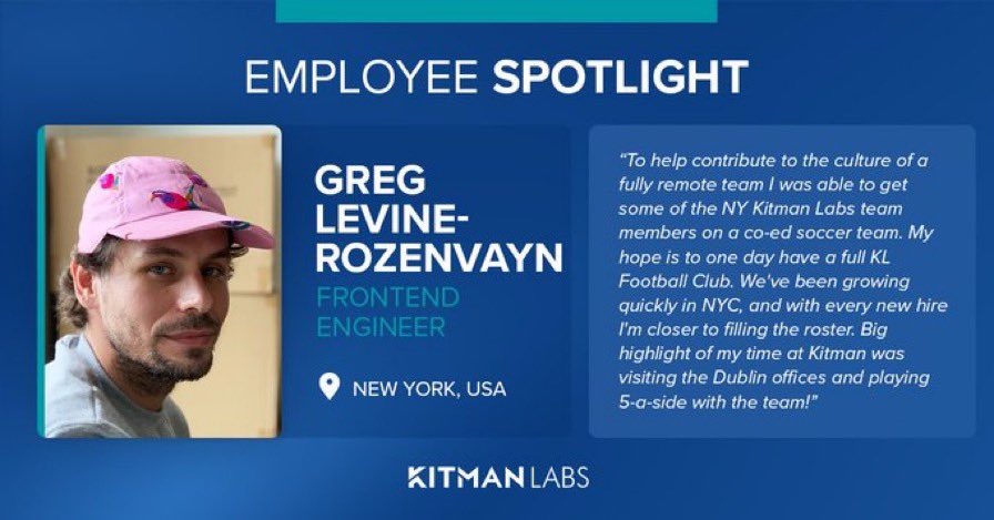 👨‍💻 Meet Greg, KL Frontend Engineer!

Greg builds interfaces &amp; UX w/ a focus on clean design. When not writing in JavaScript, he's been writing a book of (dev) poems!

Fast facts: 
🏡 Brooklyn
❤️ Soccer
👎 Missing games due to injuries

Join the team: bit.ly/3C6W3ld