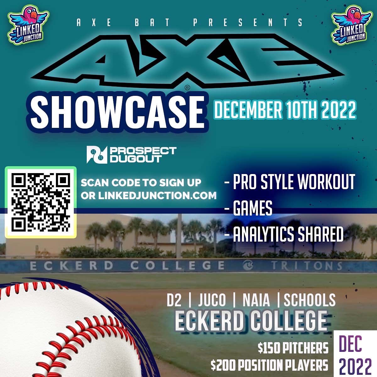 LinkedJunction's tweet photo. Big Exposure Event ⚾️
@axebat is bringing a great showcase to St. Petersburg at Eckerd College 🔱 lots of talent and analytics from @prospectdugout 📉 

@gobig3 @harty02 @axebat https://t.co/yxvT59dpn3