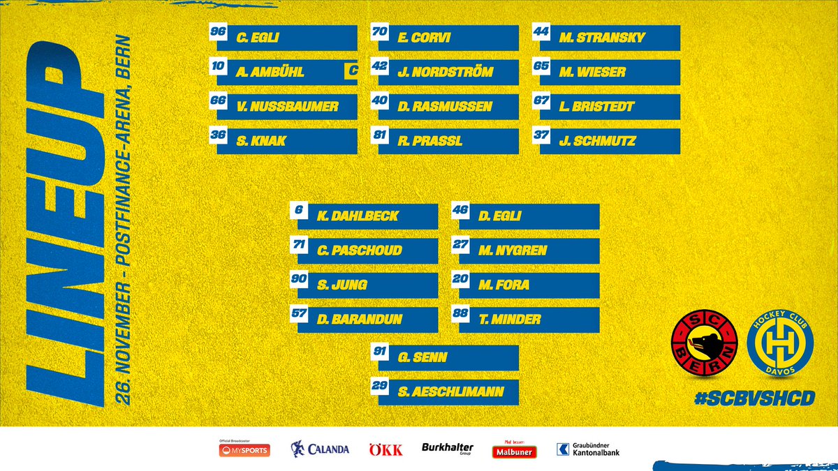 HCD_offiziell's tweet photo. 🚨 Game 2️⃣3⃣🆚 @scbern_news
Nach dem NL-Break das #HCD-#lineup immer noch ohne #89Russo, #93Frehner und #95Wellinger (alle 🤕). #9Hammerer bei der U20 und #84Canova ist heute überzählig.
📲 Ticker ab 19.44h in der HCD-App
📺 @MySports_CH 2⃣
#SCBvsHCD 💛💙 https://t.co/gYRbrrLO76