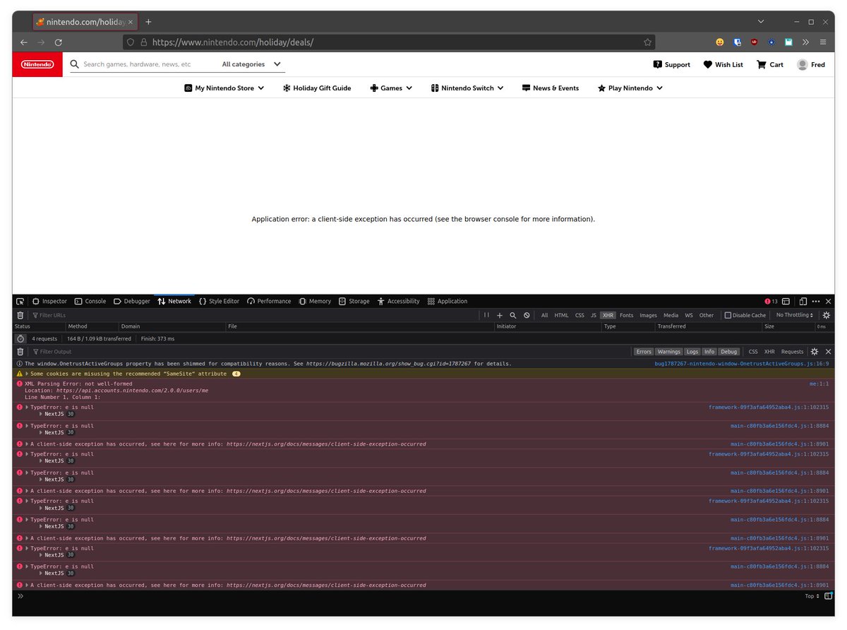 frederikheld's tweet image. This is very interesting... pointing the average user to the browser console is an odd decision. But it's fun for those who know where to find it #nintendo #ClientError #JustDevThings