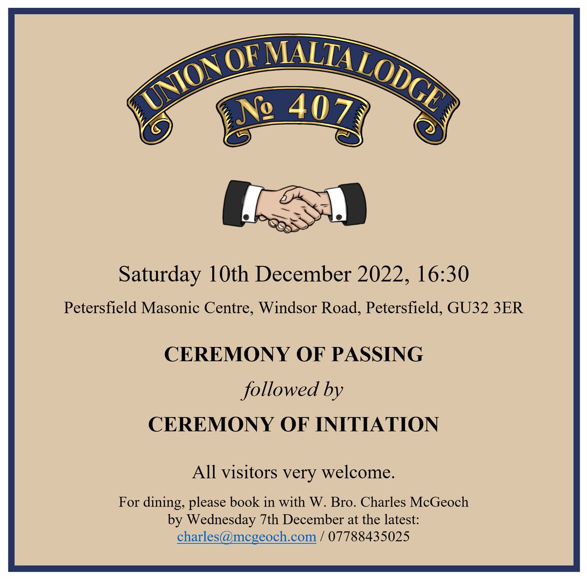 All visitors very welcome to join us at Union of Malta 407 for the Christmas meeting on Saturday 10th December in Petersfield. Two consecutive ceremonies! It is sure to be a fantastic evening. <a href="/HantsMason/">Hants & IoW Masons</a> <a href="/HantsMasonNE/">Hants Masons NE</a>
