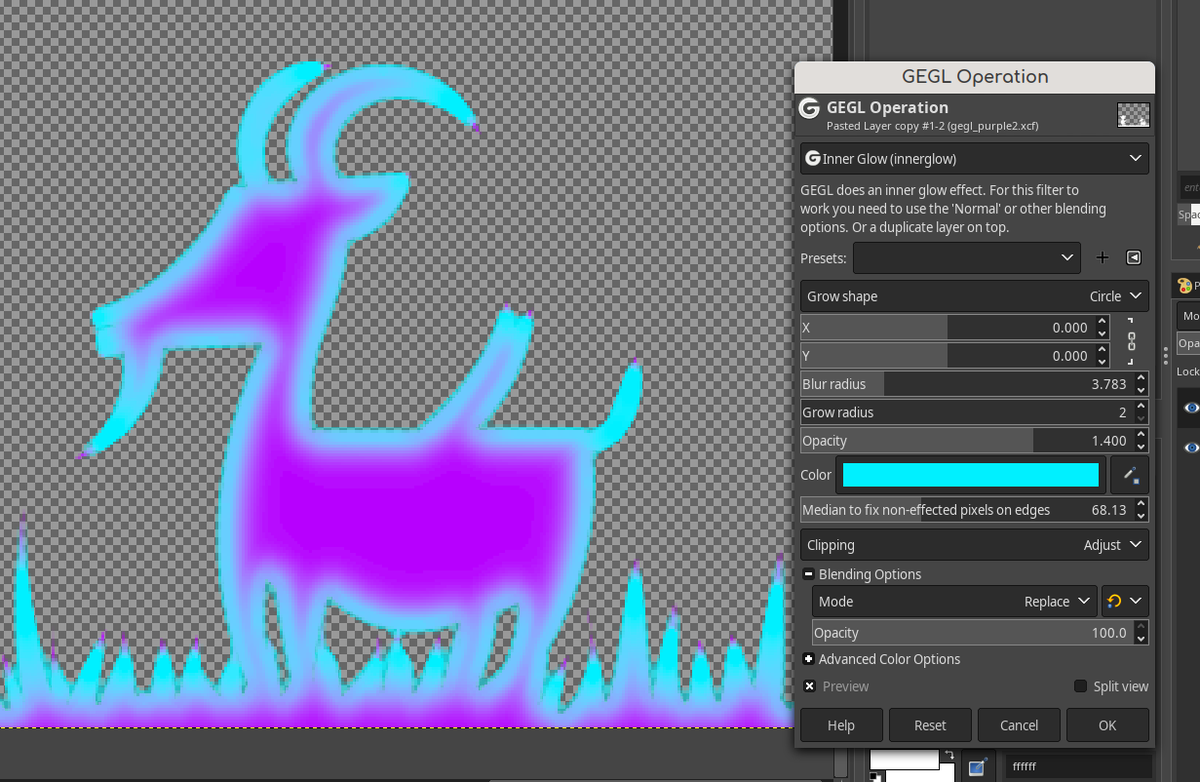 AG3_Beaver's tweet photo. My third party #Gimp filter, #GEGL Inner Glow is getting a major update very soon that will revamp it. It will solve a  bug relating to a border glitch. I accidentally pushed a bad commit to Github but once I reverse it everything will be solved.  #FOSS #LibreGraphics https://t.co/5tpxOX2E24