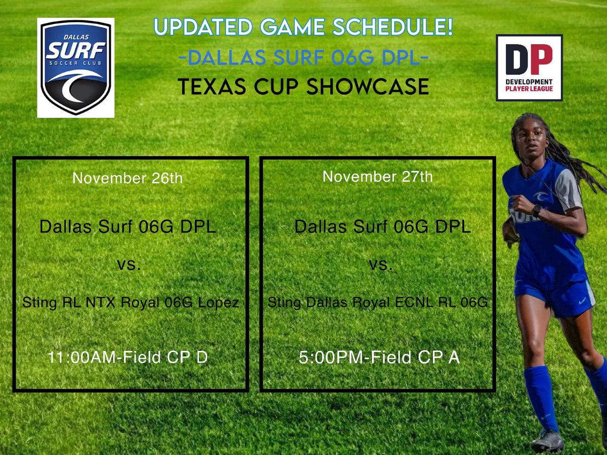 memfitz18's tweet photo. UPDATED GAME SCHEDULE!

I’m super thrilled to play in this weekend’s Texas Cup Showcase! I hope to see y’all there! Happy Holidays!
@CableAlexsis @CoryMarr_ @CoachAbouzarTWU @CoachKlarissaa @Coach_JSmith_ @CruWomensSoccer @SFA_Soccer @MeanGreenSoccer @DBUWomensSoccer https://t.co/iadObK9r4f