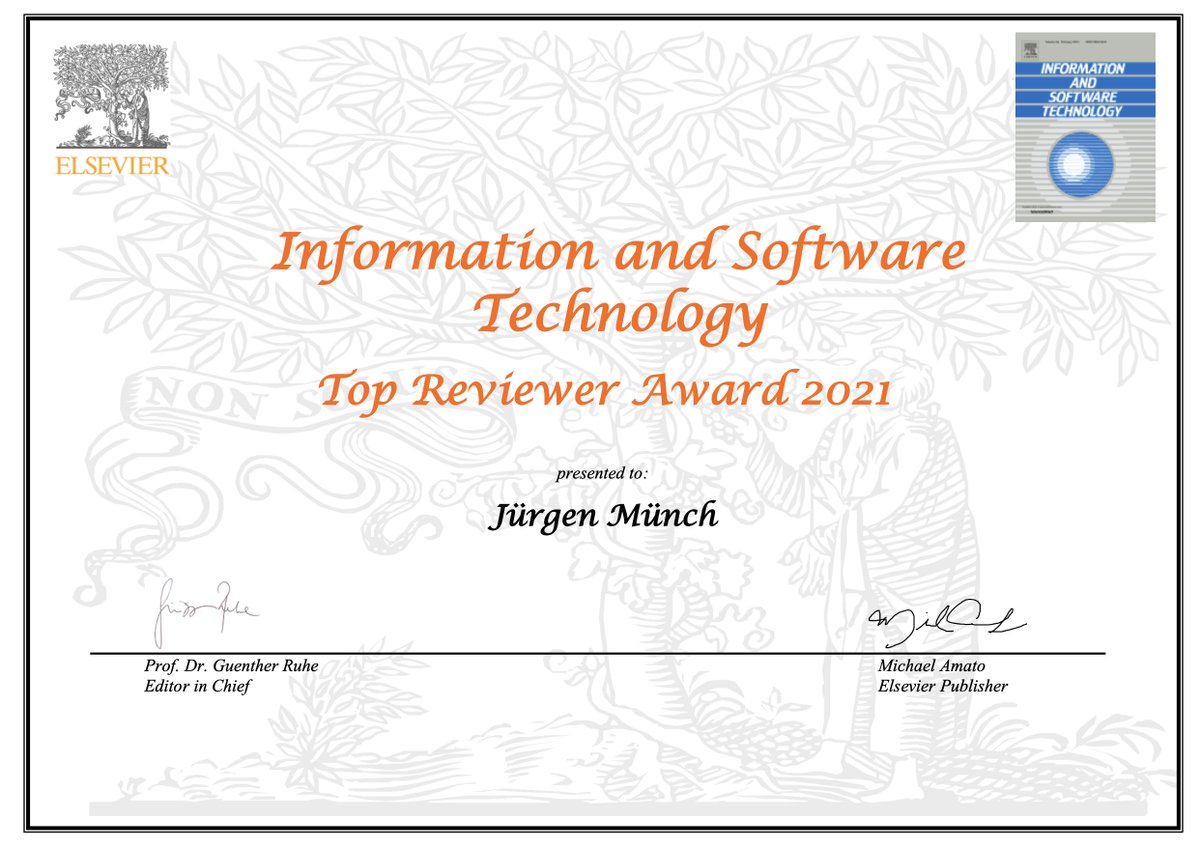 Many thanks to Günther Ruhe and the team behind the journal "Information and Software Technology" (IST) for their great work. I am happy about the Top Reviewer Award. Many thanks for that!