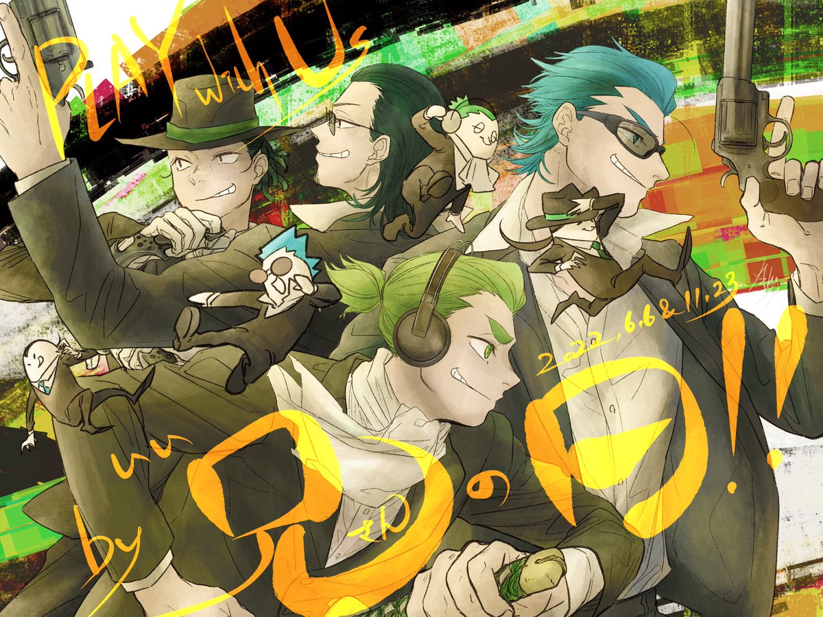 multiple boys weapon gun green hair hat smile holding weapon  illustration images