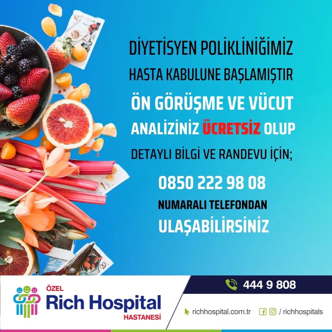 Diyetisyen Polikliniğimiz hasta kabulüne başlamıştır. Ön Görüşme ve Vücut Analiziniz ücretsiz olup,
Detaylı bilgi ve randevu için;
📞 444 9 808/ 0850 222 98 08 numaralı telefondan ulaşabilirsiniz.
#diyet #diyetisyentavsiyesi #richhospital