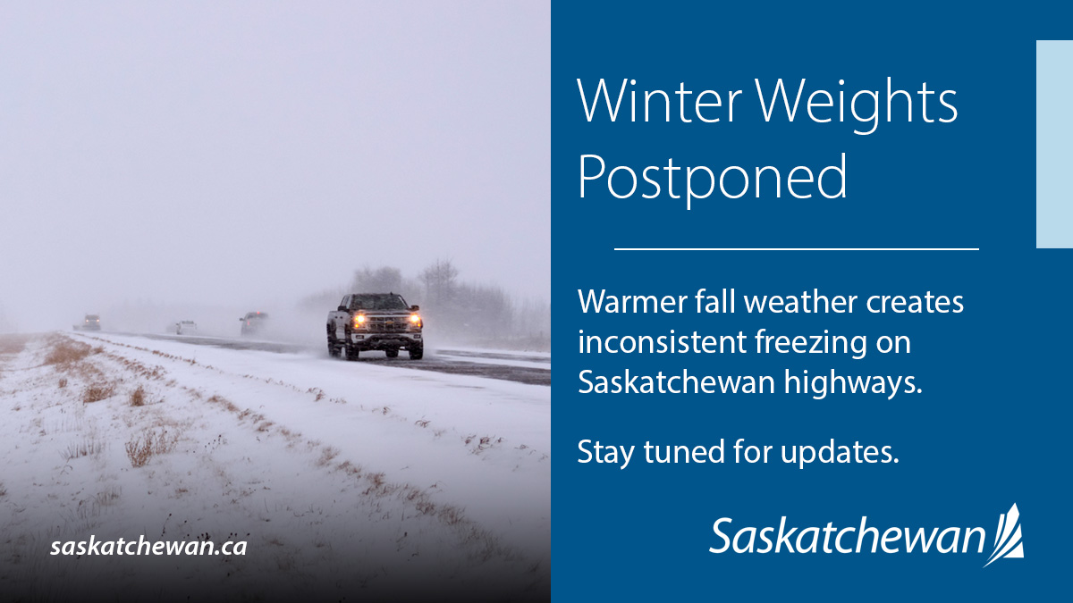 SKGovHwyHotline's tweet photo. It could be a while before winter weights are implemented on Saskatchewan highways.
This is to prevent damage to our roads and to allow safer and longer-lasting highways for our province.
Find more information on our website: https://t.co/rUk7V7OxzQ https://t.co/0geBQls0bD