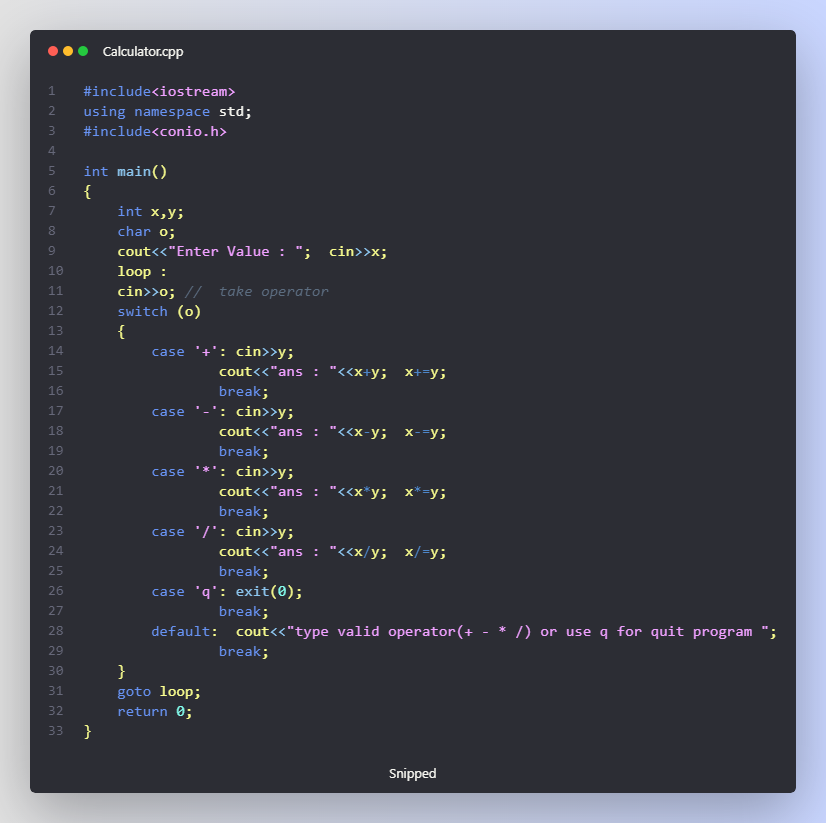 #Day13 
Project : Calculator
Language : C++ 

#programming  #daily #programmer #python3 #Python #Java #javascript  #cpplanguage #clanguage #ArtificialIntelligence  #webdevelopment  #DataScience  #DataVisualization #appdevelopment #tech #technical #girlscript #googledevs #India