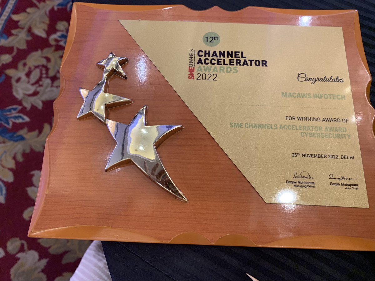 manasisaha's tweet photo. Heartiest Congratulation to #MacawsInfotech on winning “SME CHANNEL ACCELERATOR AWARD CYBERSECURITY 2022”. Thanks to @sanjayaccent and Team SME Channel for the recognition. #cybersecurity #cloudsecurity https://t.co/PIubEbGvv7