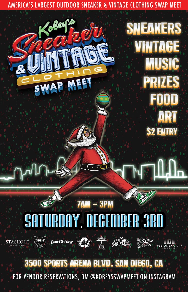 1 Week Away until Sneaker &amp; Vintage Paradise returns to Kobey's! Skip the Mall &amp; Have a Ball! Saturday 12/3! <a href="/RaoulMartinezTV/">Raoul Martinez</a> <a href="/fox5sandiego/">FOX 5 San Diego</a> <a href="/FaZeRug/">Rug</a> <a href="/QiasOmar/">Qias Omar</a> <a href="/tannerfox/">Tanner Fox</a> #kobeys