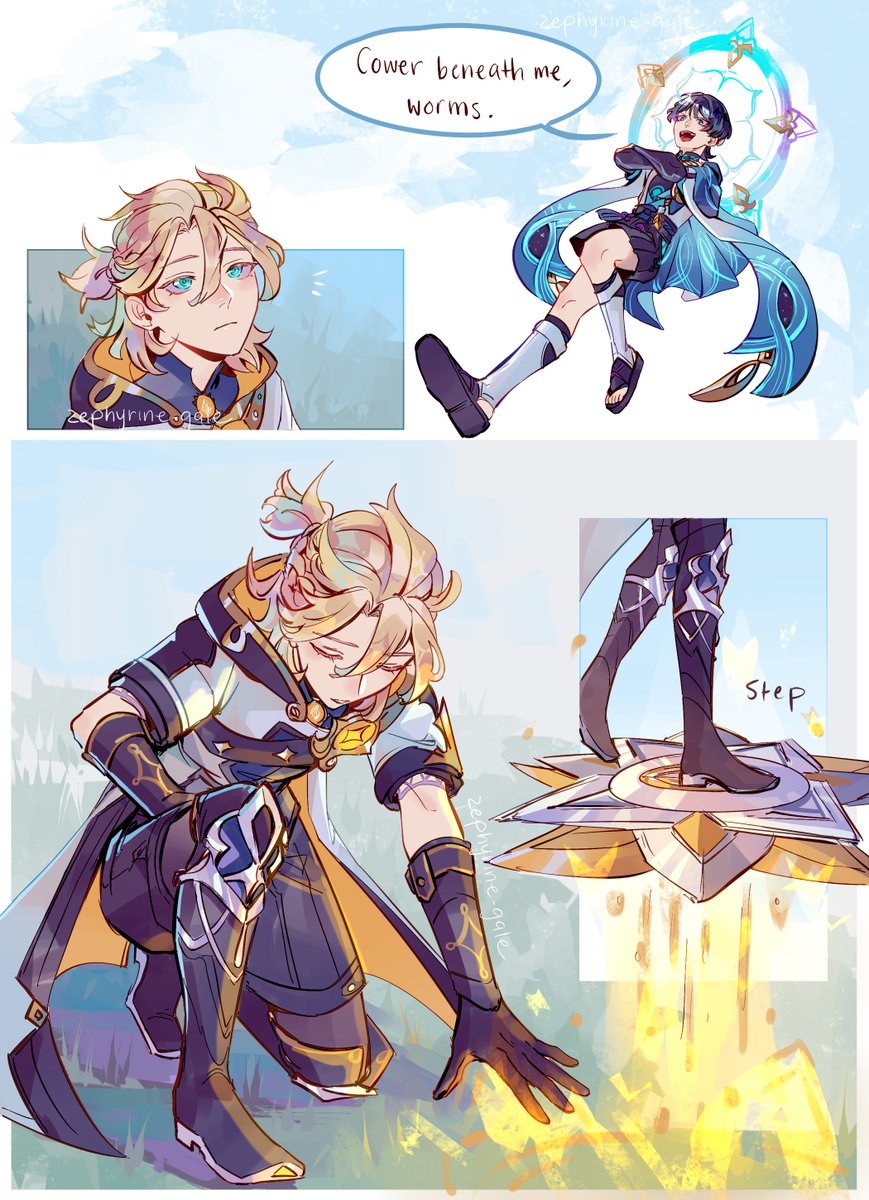 zephyrine_gale's tweet photo. thinking about scaramouche team dynamics ft scarabedo 🌻
#Genshinlmpact https://t.co/F2ho42B4Ib