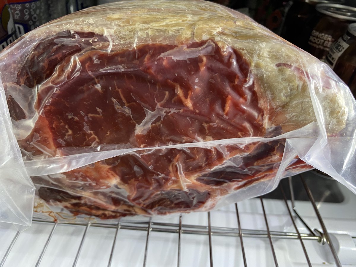Douglasm1986's tweet photo. Day 6 of 40 in the Dry aging process… hard crust has formed on most of the top and the deep red is really setting in! #DryAging #NYEDinner https://t.co/ox8H72gcBg