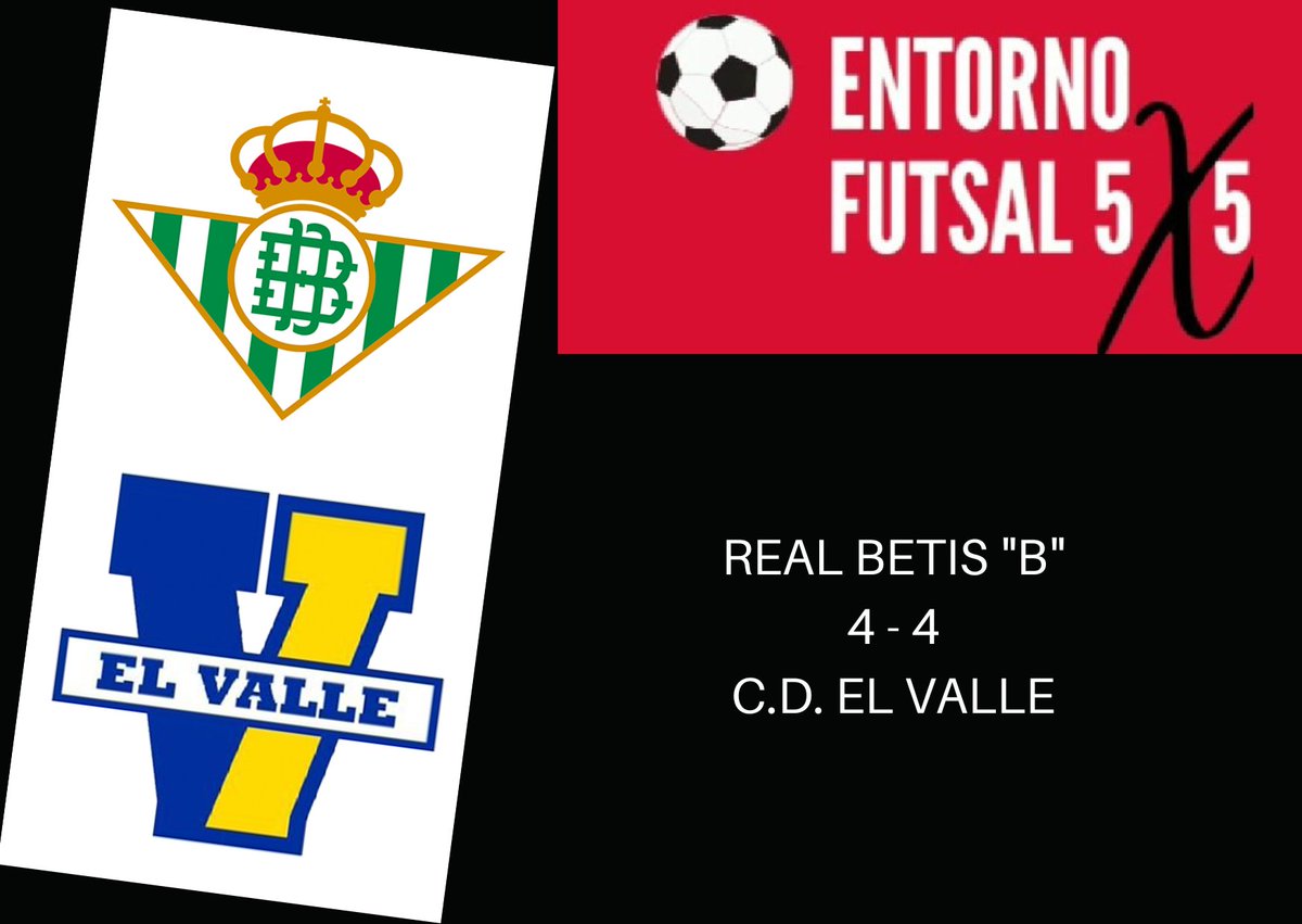 💥 🏆 2ª División 🇪🇦 💥

💚🤍 Real Betis "B" 4️⃣
🆚
💙💛 C.D.E. El Valle 4️⃣

➡️ Goleadores @RealBetisFS 💚🤍
⚽⚽ #RaulLopez 🇪🇦
⚽ <a href="/quellejr/">Jorge Quelle</a> 🇪🇦
⚽ #Guido 🇪🇦

➡️ Goleadores <a href="/CDEElValle/">C.D.E. El Valle</a> 💙💛
⚽⚽ <a href="/Alex_Serrejon/">Alex Serrejón</a> 🇪🇦
⚽ <a href="/Dani_GS7/">Dani Gómez</a> 🇪🇦
⚽ P.P.

#RealBetis #Betis #BetisFutsal #Madrid #5x5