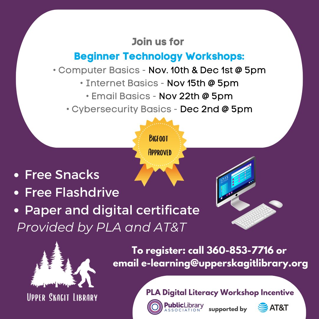 upperskagitlib's tweet image. #Cybersecurity - there&apos;s a lot that goes into being safe on the web. Fri., Dec. 2nd, join us for a #BeginnerTechnologyWorkshop on #CybersecurityBasics &amp;amp; learn to identify which www.s are legit, how to create strong passwords, &amp;amp; how to identify scams/misinfo. Reg. required.