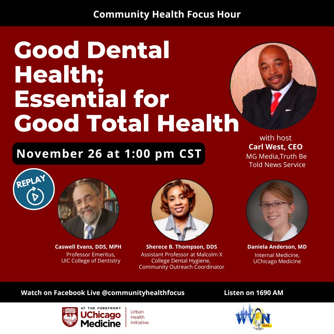 UChicagoComm's tweet photo. 1-2PM CST - Listen to this wonderful replay of a Best of the Best. Today the conversation is that Good Dental Health is Good Health. UChicago Medicine Community Health Focus Hour https://t.co/jQBljQ2a3s via @FacebookWatch https://t.co/hW0uonyEk3