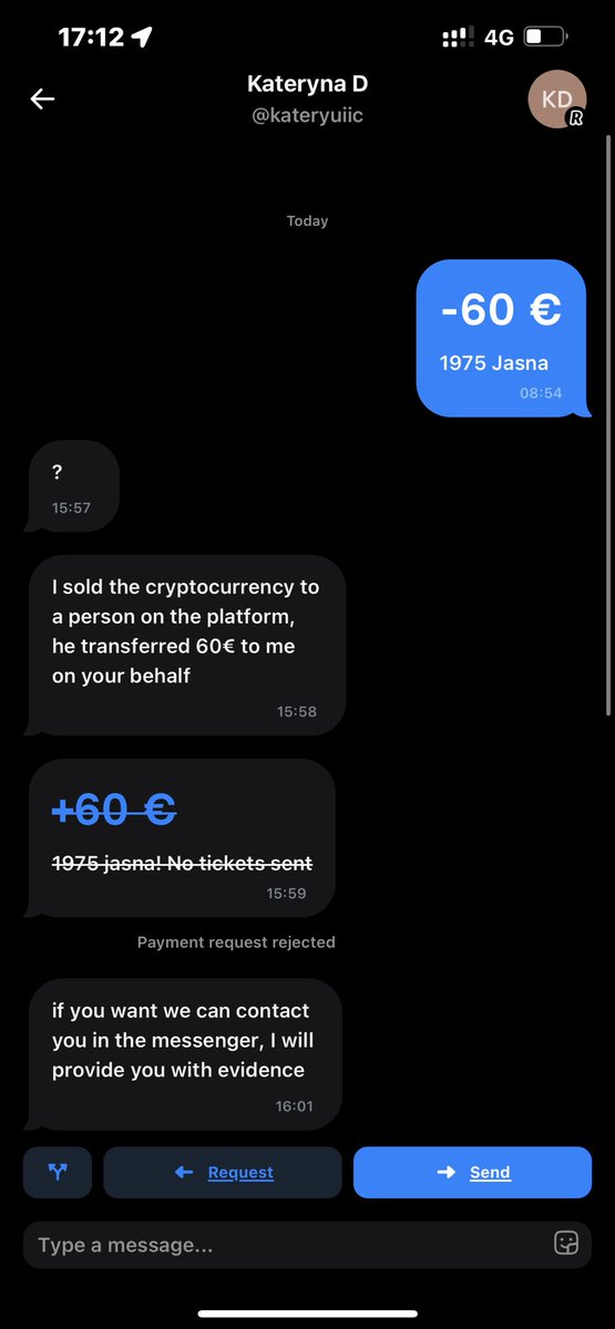 My boyfriend and I sent money to her friend’s revolut for one ticket and when she didn’t send the tickets we requested the money back and here’s the response @jasna_bast SCAM!