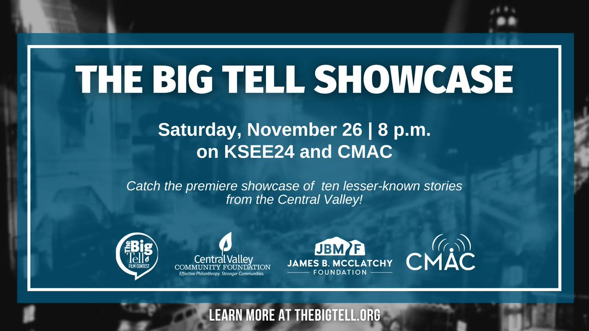 Tune in to #TheBigTell 2022 premier showcase tonight at 8 PM PST on @KSEE24 or @CMACTV!

The 10 winners will be screening their short films about the amazing people, places, and activities that make the #CentralValley so remarkable: buff.ly/3EnVBAb 

#JBMFsponsoredevent