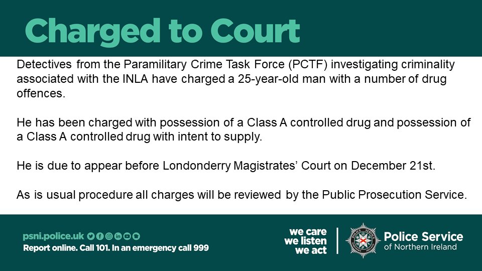 Detectives from the Paramilitary Crime Task Force (PCTF) investigating criminality associated with the INLA have charged a 25-year-old man with a number of drug offences.
#EndingTheHarm
#Opdealbreaker