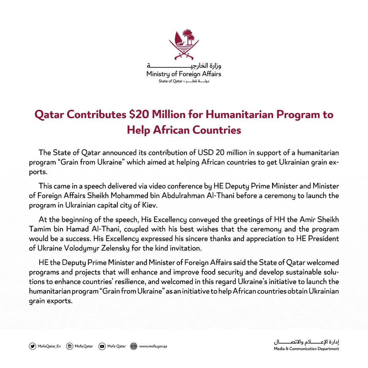 Ministry of Foreign Affairs Qatar on Twitter "Qatar Contributes 20