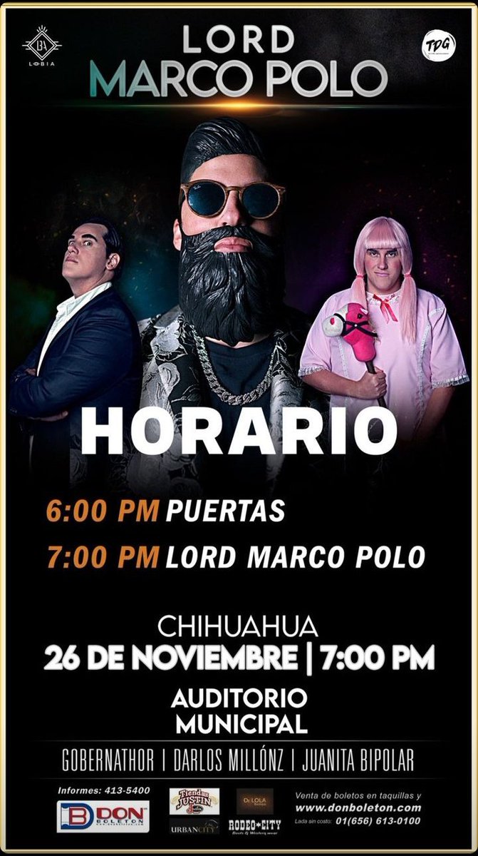 samanthahayde1's tweet photo. Hoy!! @LordMarcoPolo estará presentando su show #MillonesDeCarcajadas en #Chihuahua!!
Quedan aún pocos boletos disponibles, no te lo puedes perder!🎟️🎟️ https://t.co/nY2XFmDm3P
Tres shows diferentes en una misma noche 🎭 https://t.co/TaG4KUauaB