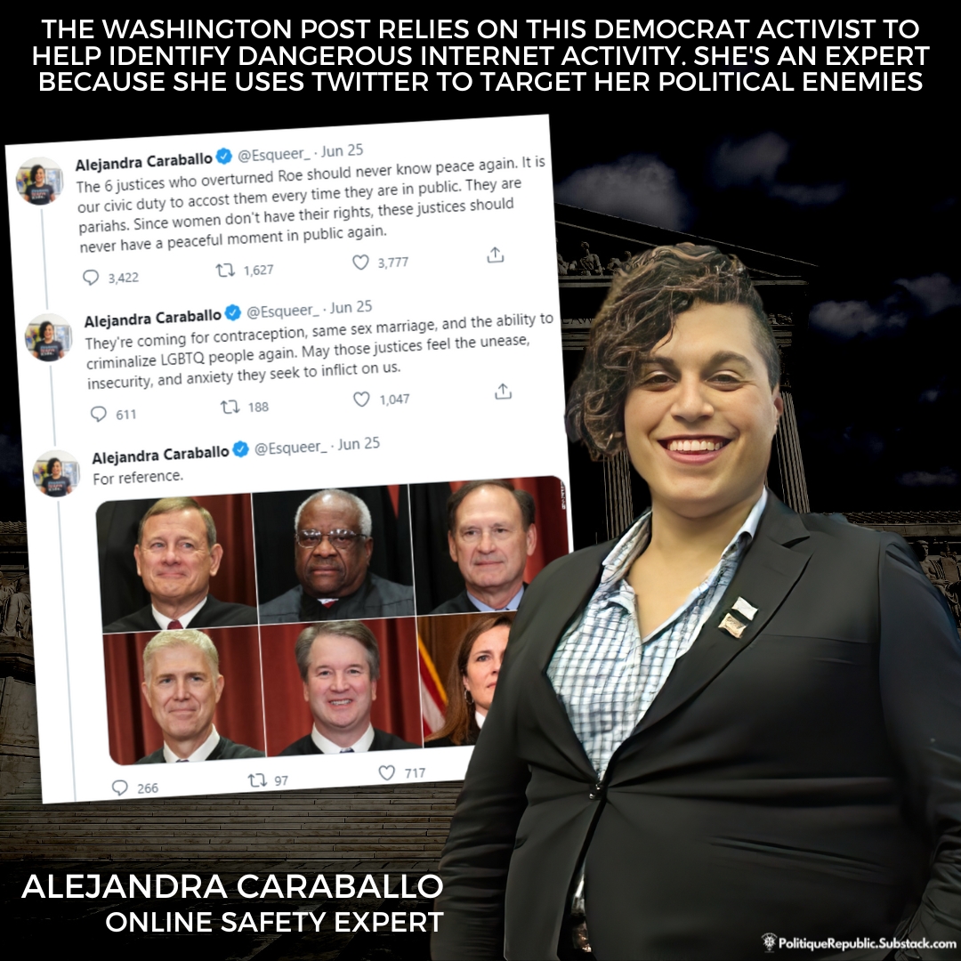 amuse's tweet photo. The online safety expert used by WaPo, NBC, &amp; Axios to attack @elonmusk's leadership is an 'expert' because she engages in dangerous online harassment herself Presumably, Alejandra Caraballo's (@Esqueer_) experience targeting SCOTUS justices caught the attention of the MSM. https://t.co/YOZgQn2mTn