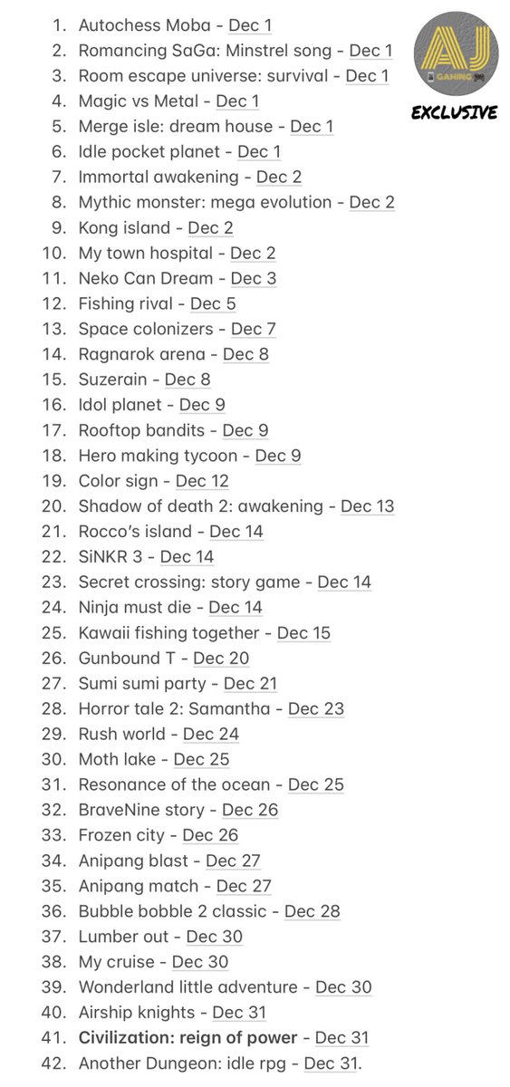 azeem_jaffer's tweet photo. Release dates of 40+ New #iOS #Games coming this Dec: 👉🏻
#ImmortalAwakening #KongIsland #RagnarokArena #CivilizationReignOfPower - are some of the anticipated titles. https://t.co/kOVy1Y3GXI