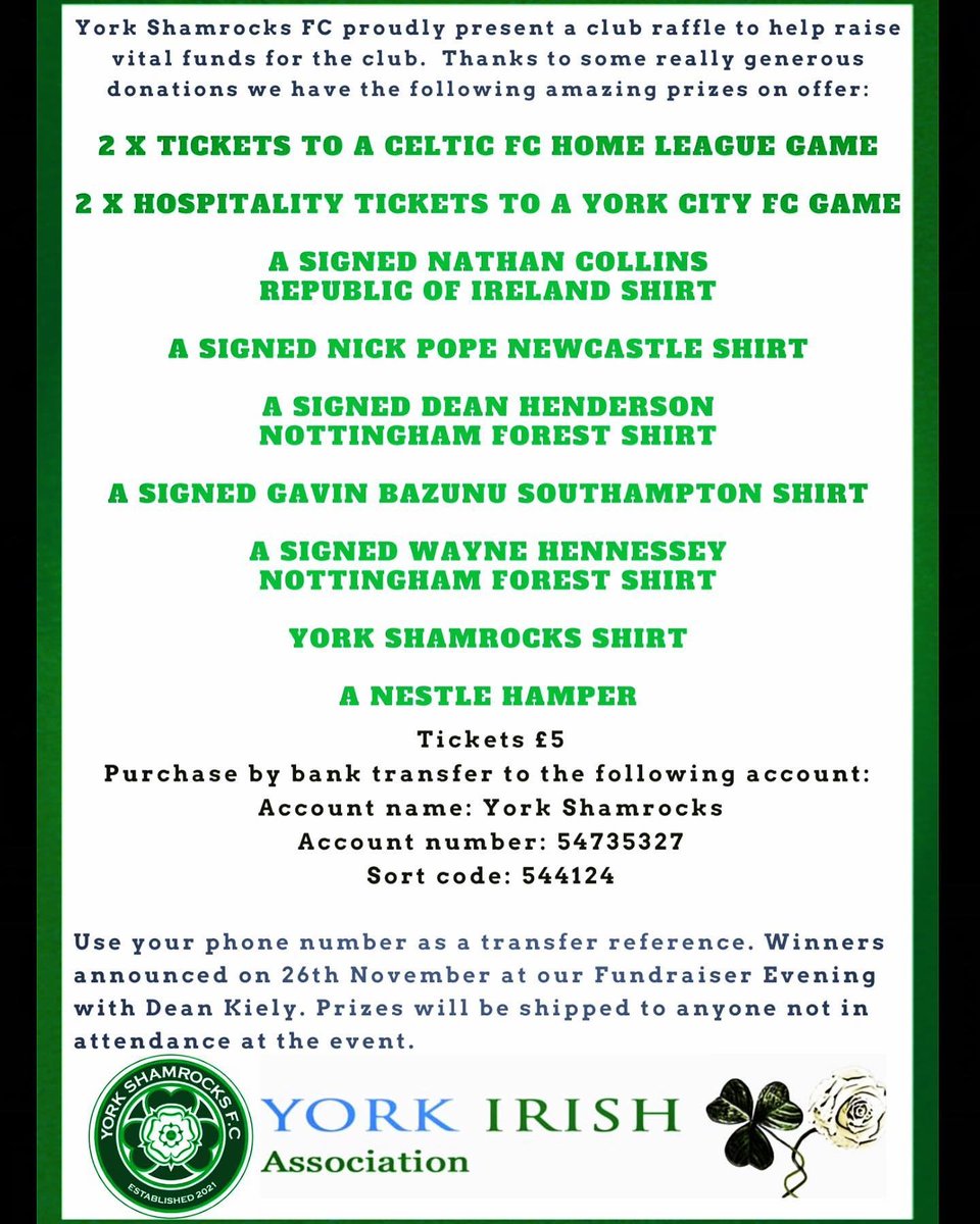 AbstruseAlan's tweet photo. If I've won anyone a few quid over time, I'd massively appreciate if you could enter tonight's raffle for a club I voluntarily manage on a weekend! ☘️

Not many tickets sold as of yet and the draw is done tonight by Dean Kiely around 10pm! 

Put your number as reference! https://t.co/mL4zf7lmyu
