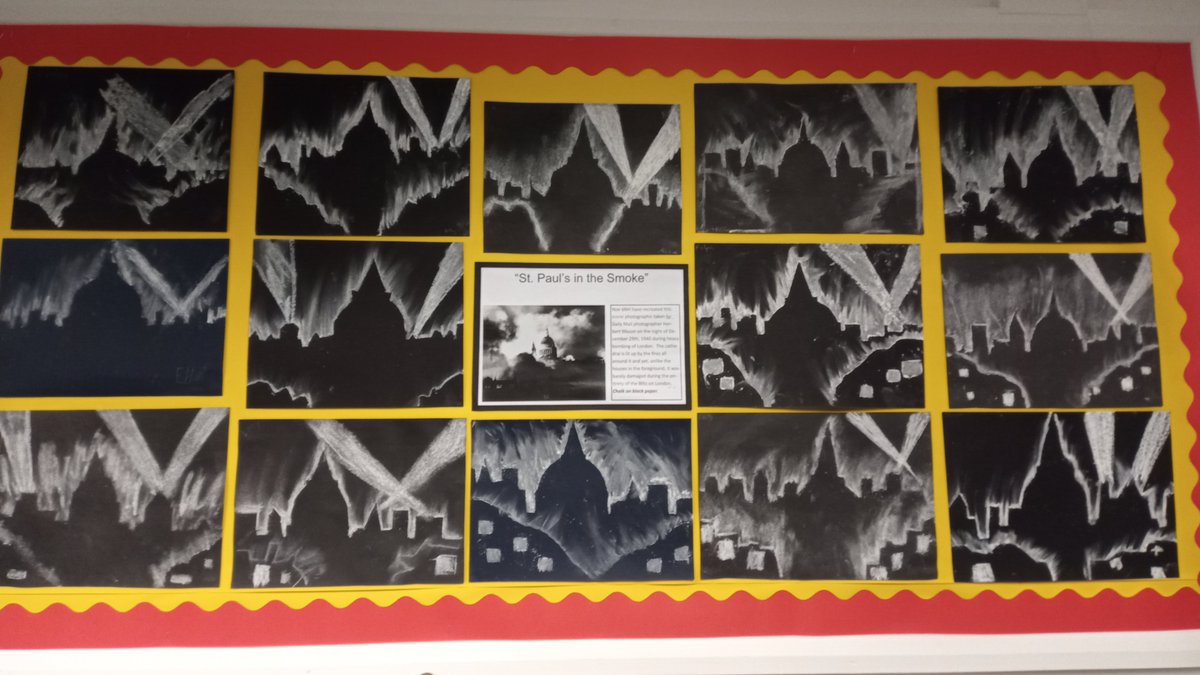 SibfordJS's tweet photo. Year 6 used chalk on black paper to recreate this iconic photograph of 'St Pauls in the smoke' taken during a bombing raid in World War II.  
#SibfordYear6 #Year6 #StPauls #WW2 #SibfordJSHistory #History @StPaulsLondon #TheBlizt #London #photography #iconicphotos #Art #ChalkArt https://t.co/48nt2L0QdO