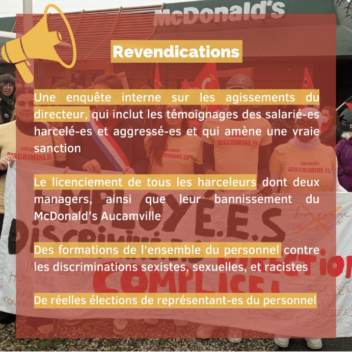 La lutte continue au McDo d'Aucamville (Toulouse).

Les salarié-es, ancien-nes salarié-es et leurs nombreux soutiens ont occupé le restaurant pendant le rush du midi ce samedi 26/11.