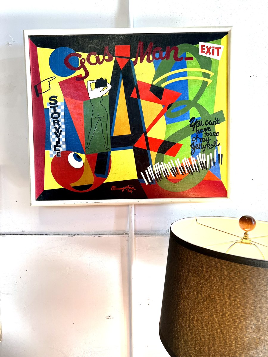 dgrossman's tweet photo. Very cool Stuart Davis-ish painting from 1964 at my local Mercantile. Almost as cool? The first 3 songs on their playlist from Kraftwerk, Lou Reed, and Sex Pistols. https://t.co/KYoP3bKcXK