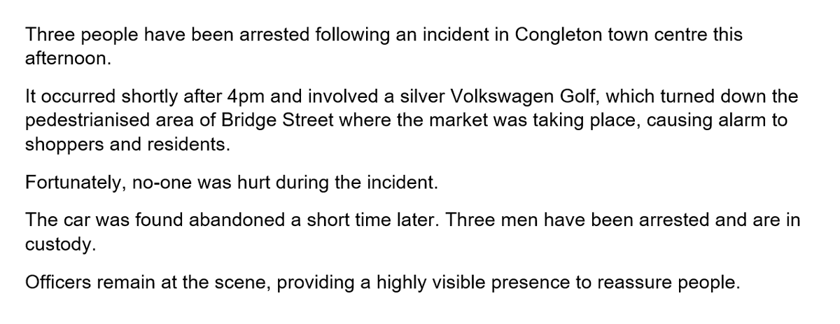 PoliceCongleton's tweet image. Statement following an incident in Congleton town centre this afternoon: