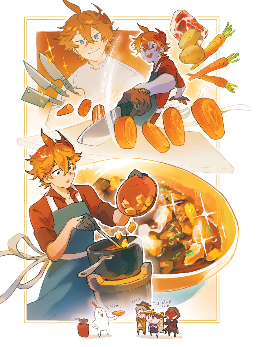 aether (genshin impact) ,tartaglia (genshin impact) apron carrot food bangs multiple boys gloves hair between eyes  illustration images