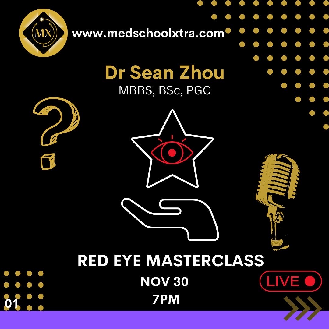 medschoolxtra's tweet photo. 🔴RED EYE MASTERCLASS👁
Next up on #medschoolxtra talk series is Dr Sean Zhou!
The talk will involve a practical approach to red eye, and will summarise the common presentations, how to spot the key red flag conditions not to miss. https://t.co/knajsArQw2